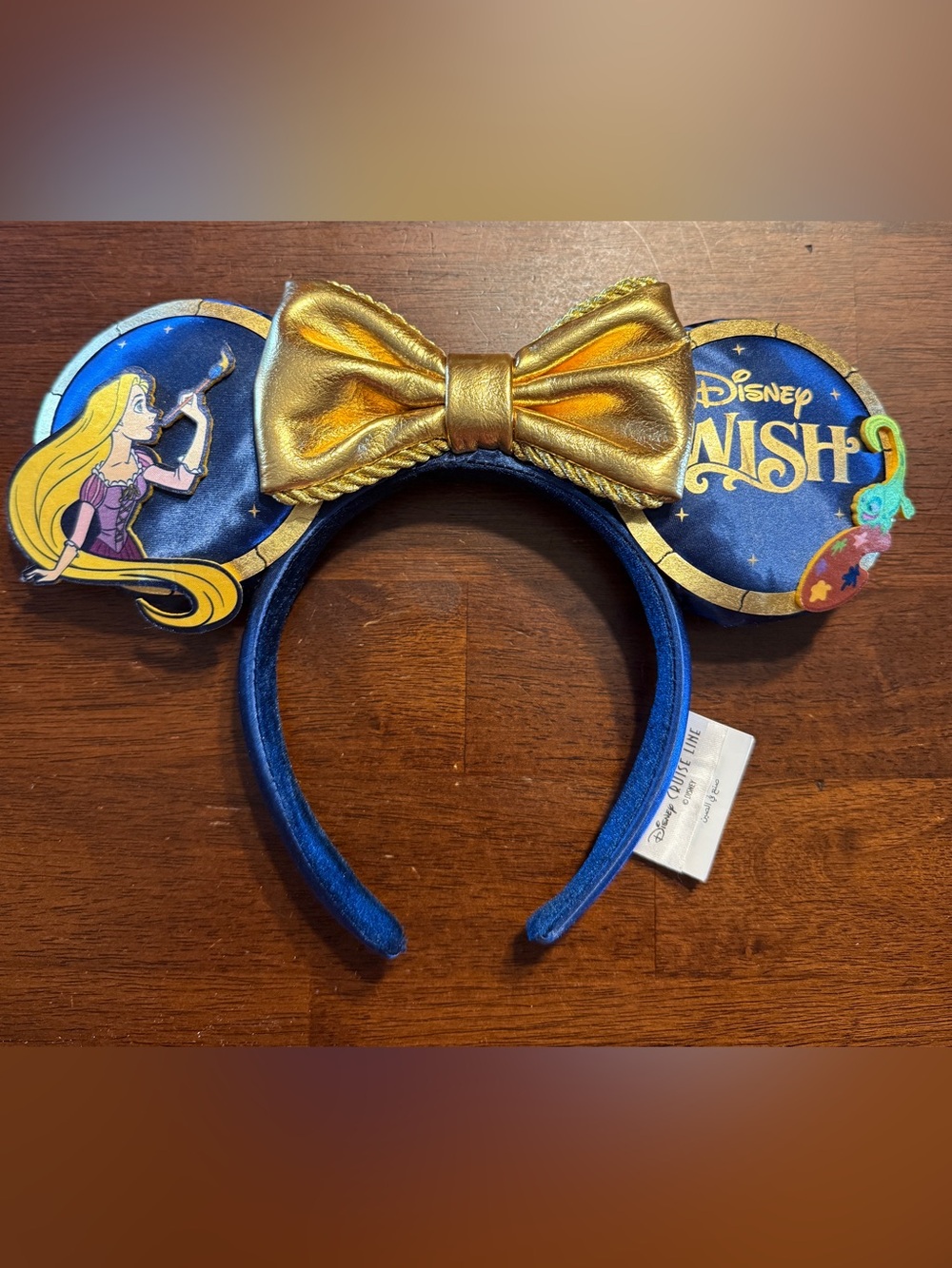 Disney Cruise Rapunzel Minnie Mouse Ear Headband with Gold Bow - Blue
